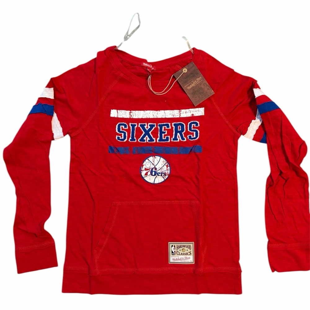 Mitchell & Ness. Women’s Philadelphia 76ers red and blue long sleeve pullover